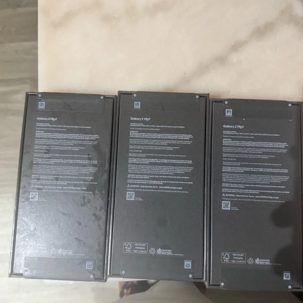 Samsung Galaxy Z Flip7 Retail Boxes in Black with Silver Accents